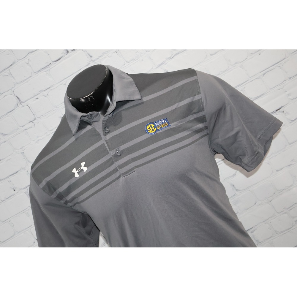 Under Armour Polo Men Large Gray SEC ESPN Network HeatGear Loose Fit Striped